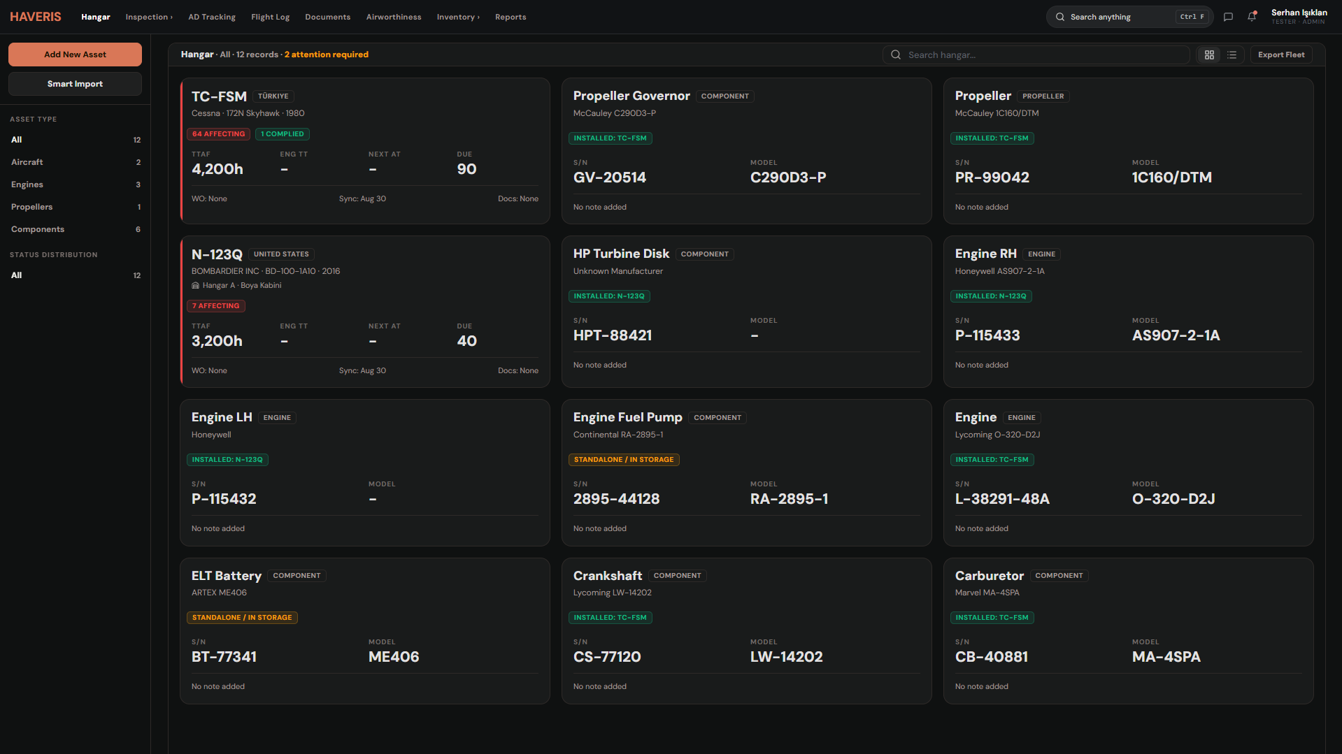 HAVERIS hangar screen showing aircraft and component cards with AD status, hours and cycles